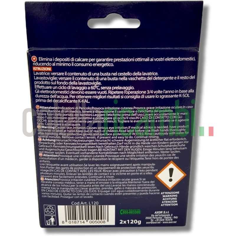 Decalcificante Lavatrice E Lavastoviglie In Polvere K-KAL Axor 2 Bustine Da 120 g