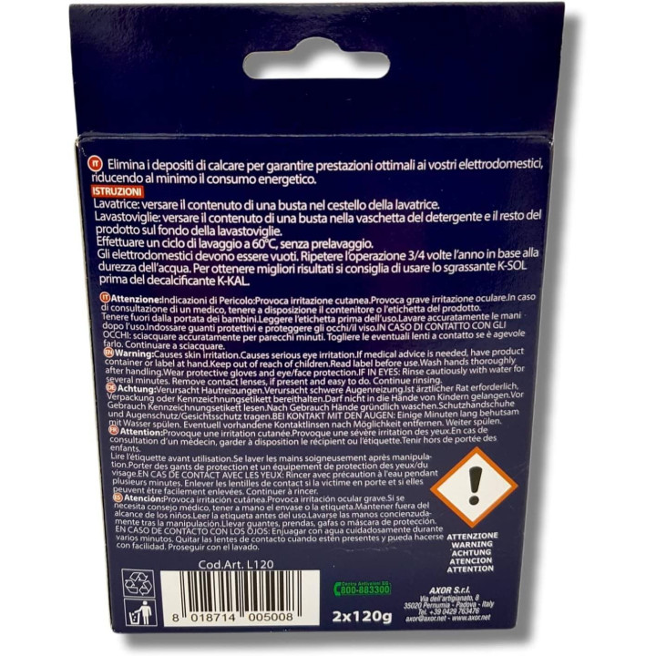 Decalcificante Lavatrice E Lavastoviglie In Polvere K-KAL Axor 2 Bustine Da 120 g