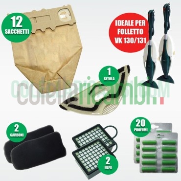 Kit 12 Sacchetti 20 Profumi 2 Filtri Carbone Attivo 2 Hepa 1 Setola Folletto VK130 VK131