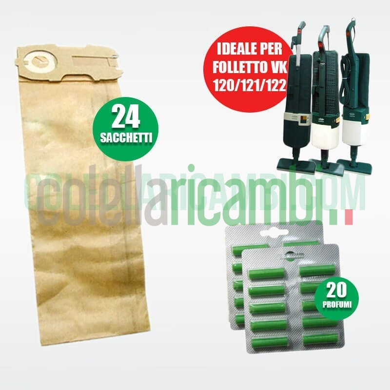 Kit Ricambi Folletto Compatibili VK120 VK121 VK122 24 Sacchetti 20 Profumi