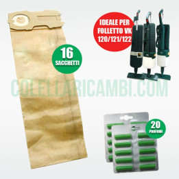 Kit Risparmio Ricambi Folletto Compatibili VK120 VK121 VK122 16 Sacchetti 20 Profumi