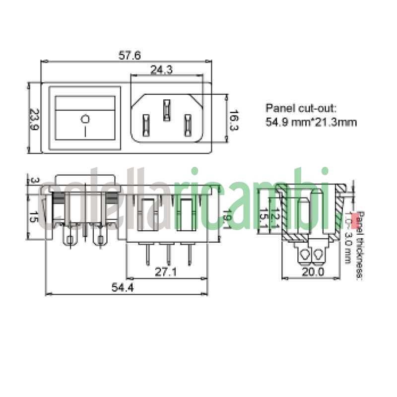 Interruttore bipolare con connettore maschio da pannello.