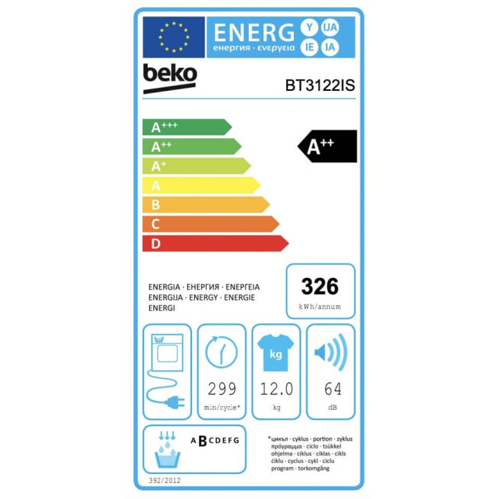 Beko BT3122IS Asciugatrice cm. 60 - capacità 12 kg - bianco