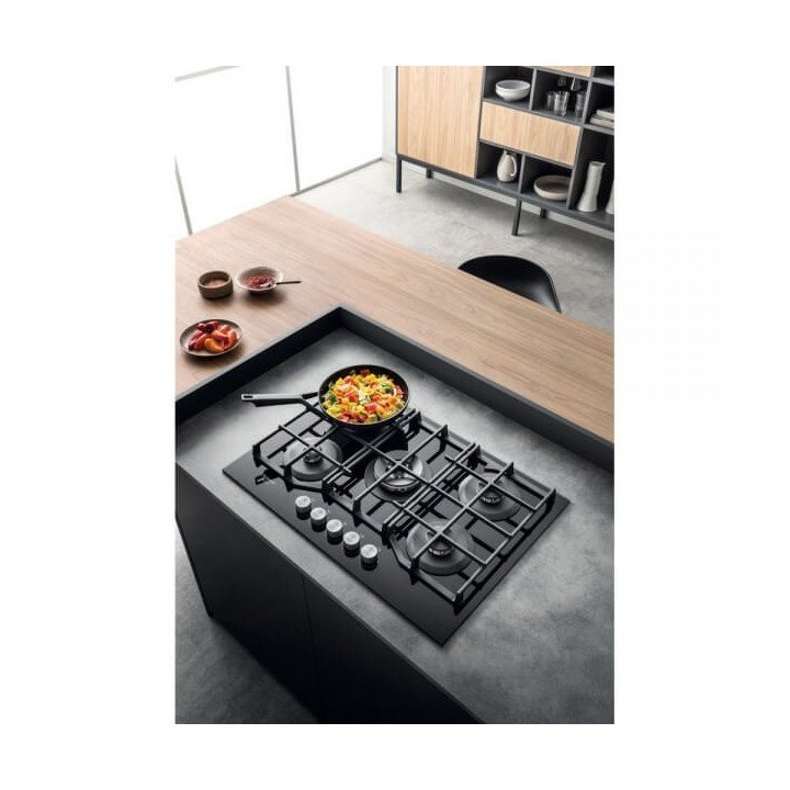 Piano cottura Gas larghezza 73 cm Finitura Vetro Nero - 5 Fuochi - Griglie Ghisa HAGS72F/BK