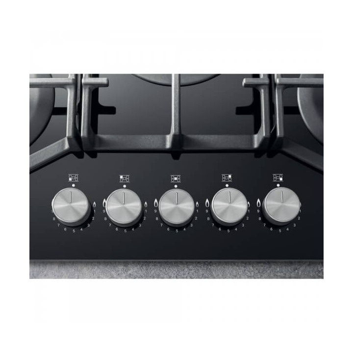 Piano cottura Gas larghezza 73 cm Finitura Vetro Nero - 5 Fuochi - Griglie Ghisa HAGS72F/BK