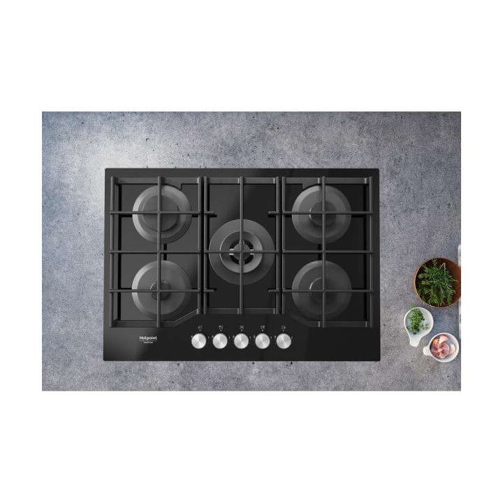 Piano cottura Gas larghezza 73 cm Finitura Vetro Nero - 5 Fuochi - Griglie Ghisa HAGS72F/BK