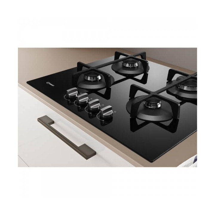 Piano cottura Gas larghezza 60 cm Finitura Vetro colore NERO - 4 Fuochi - Griglie Ghisa - F159002