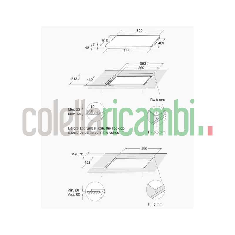 Piano cottura Gas larghezza 60 cm Finitura Vetro colore BIANCO - 4 Fuochi - Griglie Ghisa - F159014