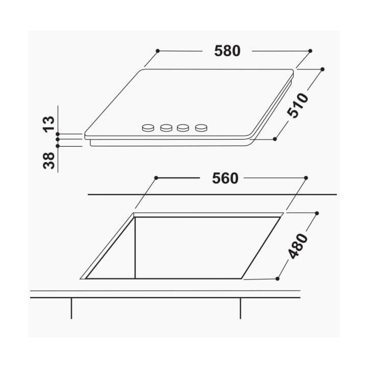 Piani cottura Gas larghezza 58 cm Finitura Inox - 4 Fuochi - Flame control - Griglie Ghisa - F159854