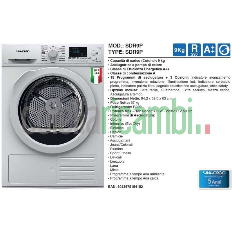 SanGiorgio SDR9P Asciugatrice 9 kg A++ Pompa di Calore Libera Installazione