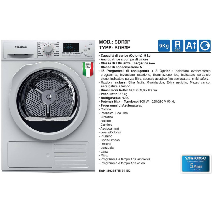 SanGiorgio SDR9I Asciugatrice 9kg A+++ Pompa di Calore Inverter Carica Frontale Bianco