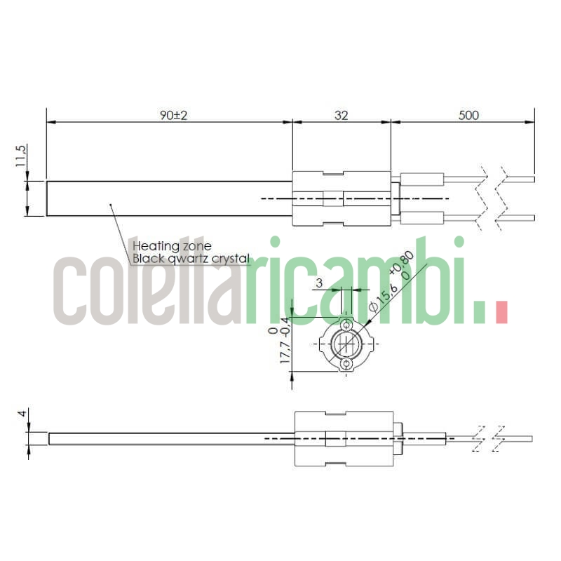 Resistenza accensione per stufe a pellet in cristalli di quarzo nero con flangia 14701059 14701059