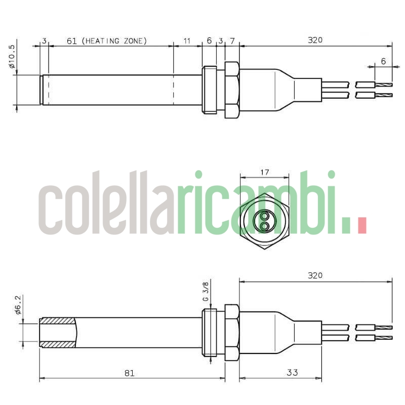 Resistenza accensione per stufe a pellet in ceramica con raccordo filettato 3/8" GAS 14701069