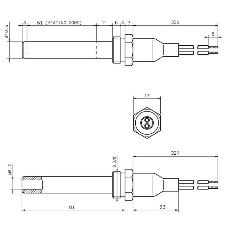 Resistenza accensione per stufe a pellet in ceramica con raccordo filettato 3/8" GAS 14701069