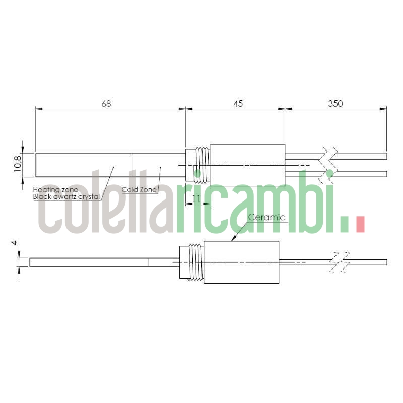 Resistenza accensione per stufe a pellet in cristalli di quarzo nero con raccordo filettato 3/8" GAS 14701089