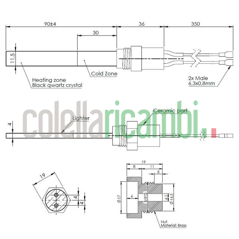 Resistenza accensione per stufe a pellet in cristalli di quarzo nero con raccordo filettato 3/8" GAS 14701058