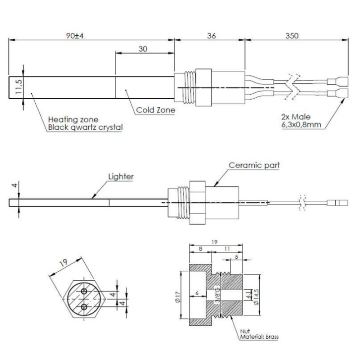 Resistenza accensione per stufe a pellet in cristalli di quarzo nero con raccordo filettato 3/8" GAS 14701058