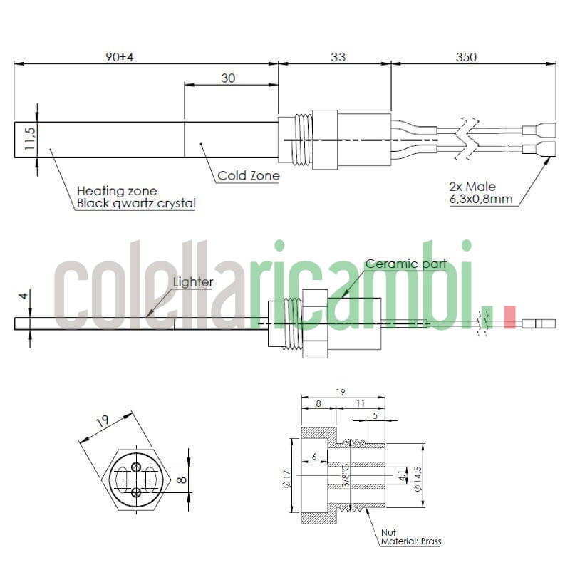 Resistenza di accensione per stufa a pellet in cristallo di quarzo nero con attacco filettato GAS da 3/8" 14701064