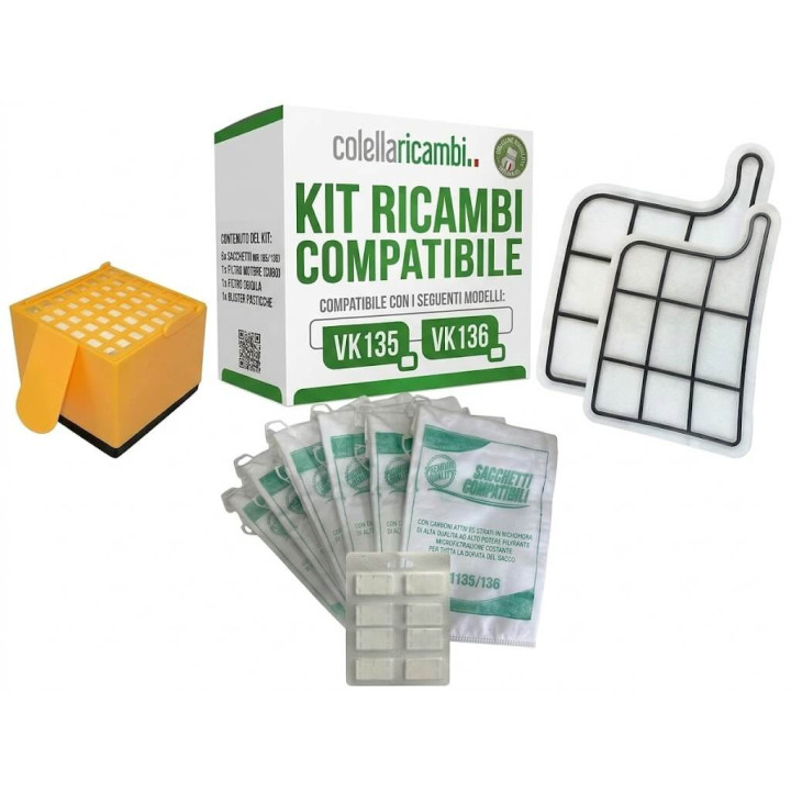 Kit Risparmio Folletto VK135/136 Adattabile 1 Filtro Hepa 1 Griglia 6 Sacchetti 6 Profumi