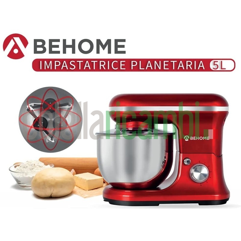 Behome Impastatrice Planetaria Professionale 5L Rosso | 6 Velocità, 2 fruste e 1 gancio per impastare