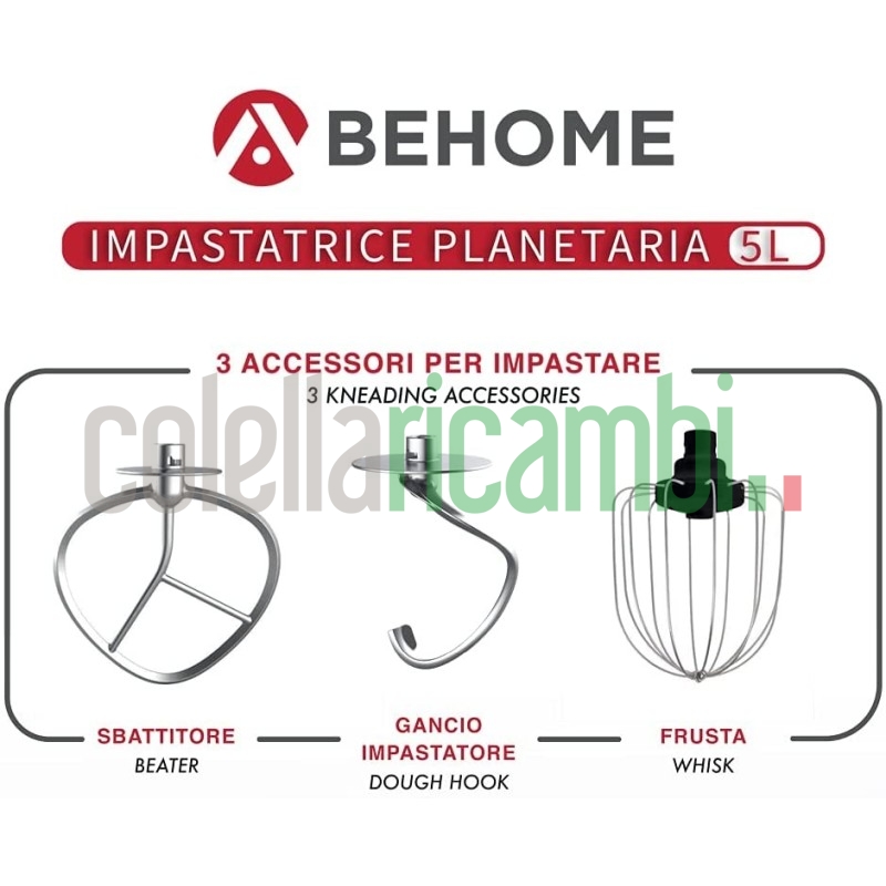 Behome Impastatrice Planetaria Professionale 5L Rosso | 6 Velocità, 2 fruste e 1 gancio per impastare