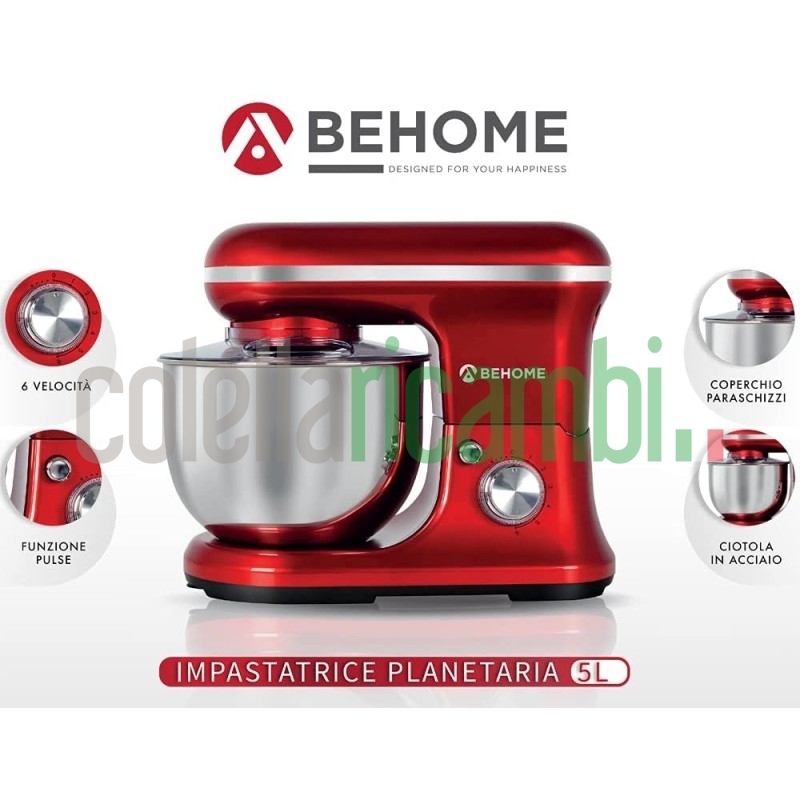 Behome Impastatrice Planetaria Professionale 5L Rosso | 6 Velocità, 2 fruste e 1 gancio per impastare