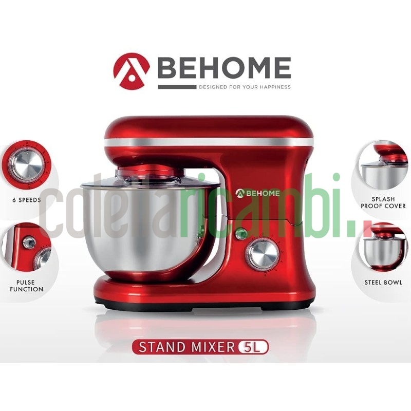 Behome Impastatrice Planetaria Professionale 5L Rosso | 6 Velocità, 2 fruste e 1 gancio per impastare