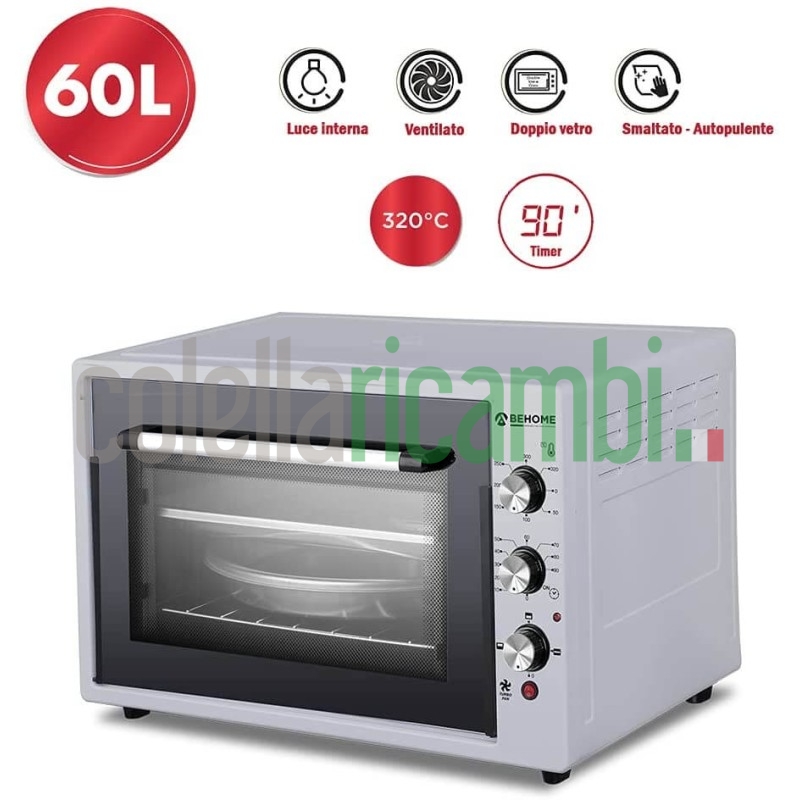 Behome Forno Elettrico 60 litri Ventilato Autopulente, Smaltato, Temperatura fino a 320° Doppio Vetro