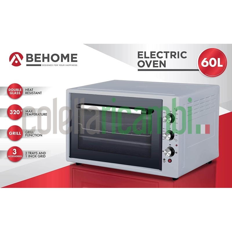Behome Forno Elettrico 60 litri Ventilato Autopulente, Smaltato, Temperatura fino a 320° Doppio Vetro