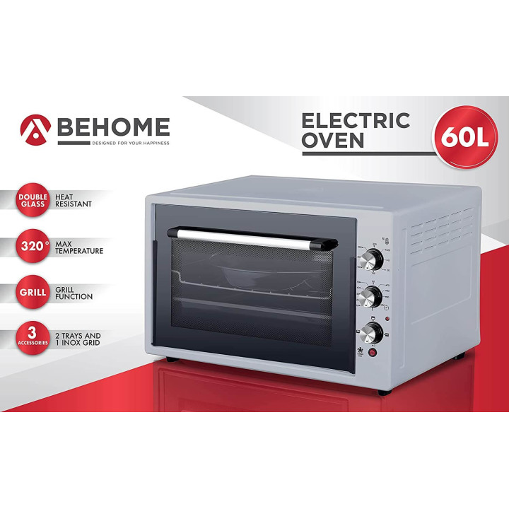 Behome Forno Elettrico 60 litri Ventilato Autopulente, Smaltato, Temperatura fino a 320° Doppio Vetro