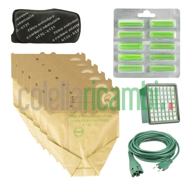 Set Sacchetti Filtri Cavo e Profumi Compatibili per Folletto VK130 VK131