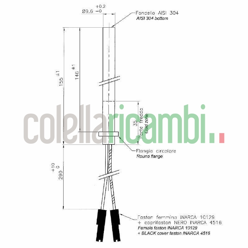 Resistenza Con Flangia, Diametro 9,5Mm, Lunghezza Totale 155Mm, 250Watt