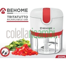 Behome Mini Tritatutto Ricaricabile usb senza fili, Capacità 250 ml Lame Acciaio inossidabile Rosso e Bianco