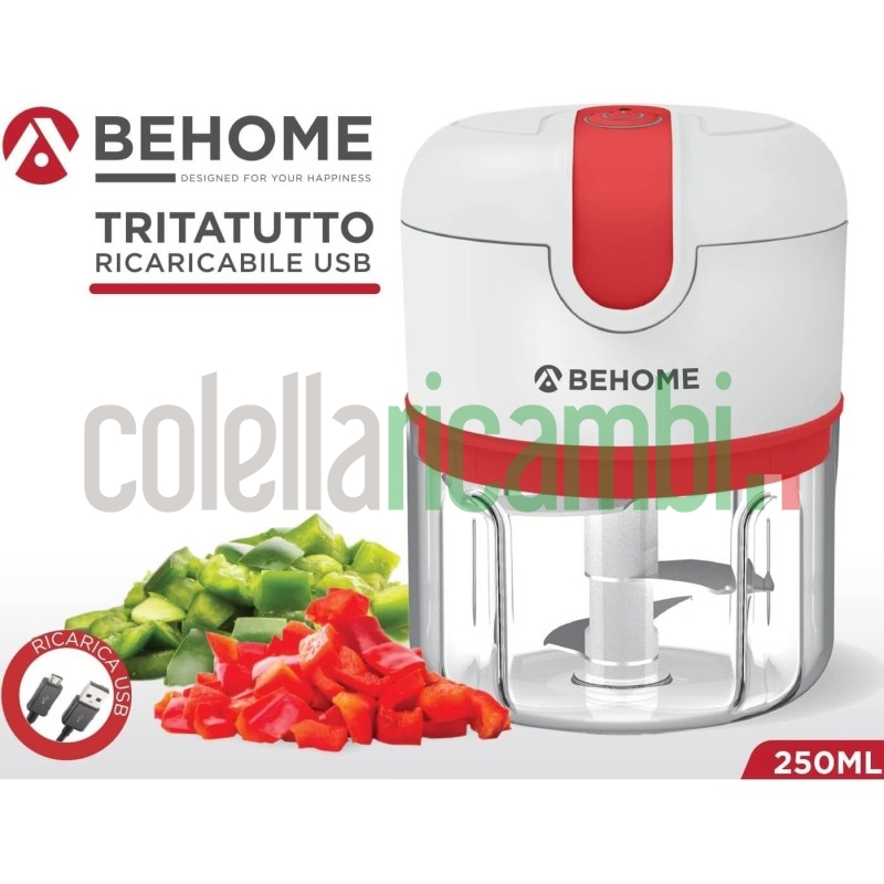 Behome Mini Tritatutto Ricaricabile usb senza fili, Capacità 250 ml Lame Acciaio inossidabile Rosso e Bianco
