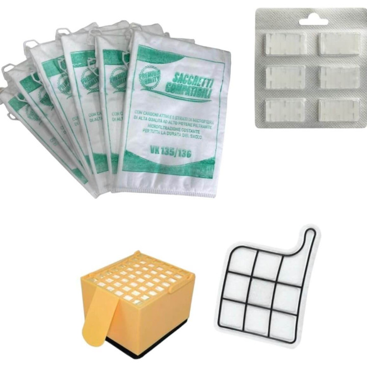 Kit Risparmio Folletto VK135/136 Adattabile 1 Filtro Hepa 1 Griglia 6 Sacchetti 6 Profumi
