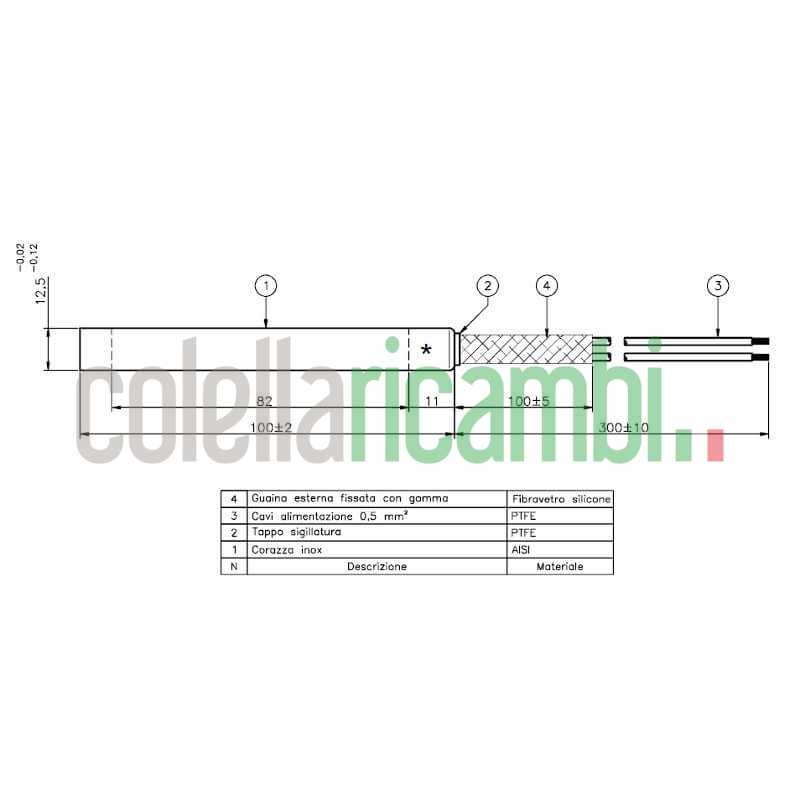 Resistenza Macchina da Caffe' 12,5mm, lunghezza totale 100mm, 700Watt.